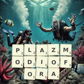 Kreatywna ilustracja do gry w Scrabble ze słowem PLAZMODIOFORA ułożonym z płytek na planszy.