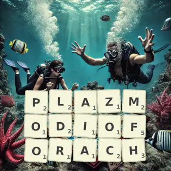 Kreatywna ilustracja do gry w Scrabble ze słowem PLAZMODIOFORACH ułożonym z płytek na planszy.