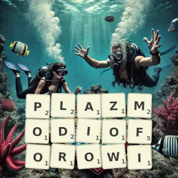 Kreatywna ilustracja do gry w Scrabble ze słowem PLAZMODIOFOROWI ułożonym z płytek na planszy.