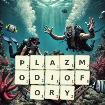 Kreatywna ilustracja do gry w Scrabble ze słowem PLAZMODIOFORY ułożonym z płytek na planszy.