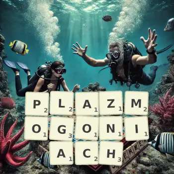 Kreatywna ilustracja do gry w Scrabble ze słowem PLAZMOGONIACH ułożonym z płytek na planszy.