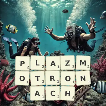 Kreatywna ilustracja do gry w Scrabble ze słowem PLAZMOTRONACH ułożonym z płytek na planszy.
