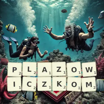 Kreatywna ilustracja do gry w Scrabble ze słowem PLAZOWICZKOM ułożonym z płytek na planszy.