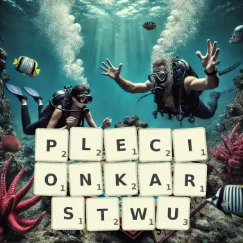 Kreatywna ilustracja do gry w Scrabble ze słowem PLECIONKARSTWU ułożonym z płytek na planszy.