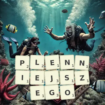 Kreatywna ilustracja do gry w Scrabble ze słowem PLENNIEJSZEGO ułożonym z płytek na planszy.