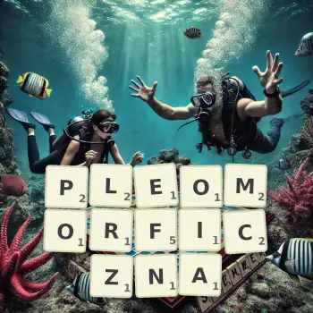 Kreatywna ilustracja do gry w Scrabble ze słowem PLEOMORFICZNA ułożonym z płytek na planszy.