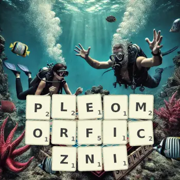 Kreatywna ilustracja do gry w Scrabble ze słowem PLEOMORFICZNI ułożonym z płytek na planszy.