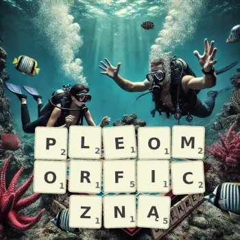 Kreatywna ilustracja do gry w Scrabble ze słowem PLEOMORFICZNĄ ułożonym z płytek na planszy.