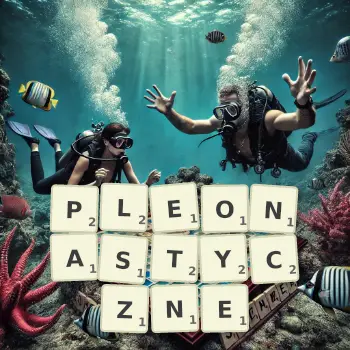 Kreatywna ilustracja do gry w Scrabble ze słowem PLEONASTYCZNE ułożonym z płytek na planszy.