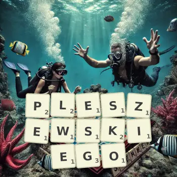 Kreatywna ilustracja do gry w Scrabble ze słowem PLESZEWSKIEGO ułożonym z płytek na planszy.
