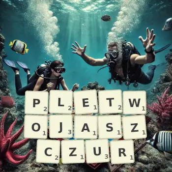 Kreatywna ilustracja do gry w Scrabble ze słowem PLETWOJASZCZUR ułożonym z płytek na planszy.