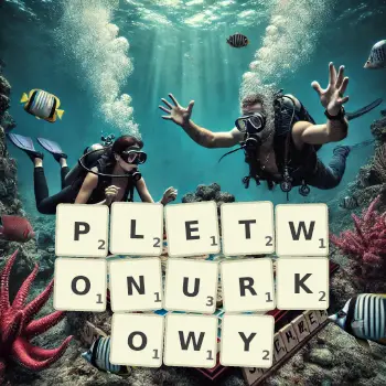 Kreatywna ilustracja do gry w Scrabble ze słowem PLETWONURKOWY ułożonym z płytek na planszy.