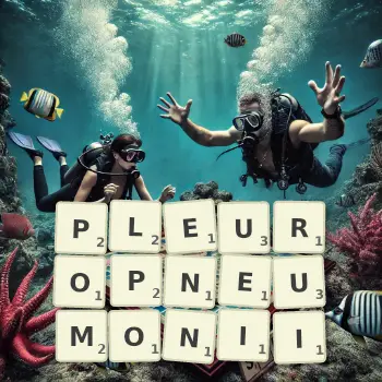 Kreatywna ilustracja do gry w Scrabble ze słowem PLEUROPNEUMONII ułożonym z płytek na planszy.