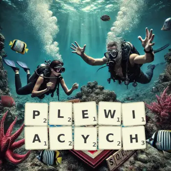 Kreatywna ilustracja do gry w Scrabble ze słowem PLEWIACYCH ułożonym z płytek na planszy.