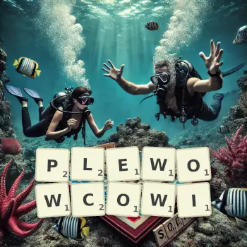 Kreatywna ilustracja do gry w Scrabble ze słowem PLEWOWCOWI ułożonym z płytek na planszy.