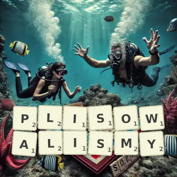 Kreatywna ilustracja do gry w Scrabble ze słowem PLISOWALISMY ułożonym z płytek na planszy.