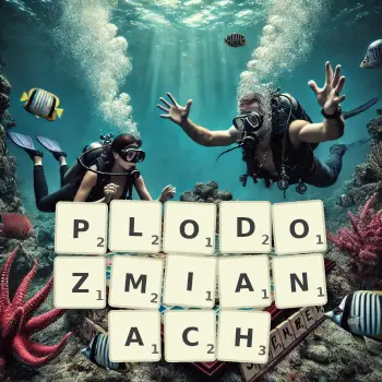 Kreatywna ilustracja do gry w Scrabble ze słowem PLODOZMIANACH ułożonym z płytek na planszy.