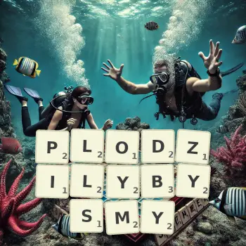 Kreatywna ilustracja do gry w Scrabble ze słowem PLODZILYBYSMY ułożonym z płytek na planszy.