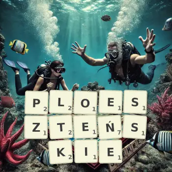 Kreatywna ilustracja do gry w Scrabble ze słowem PLOESZTEŃSKIE ułożonym z płytek na planszy.