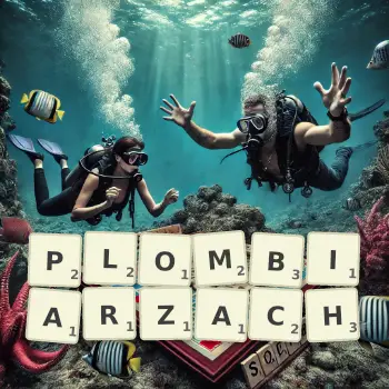 Kreatywna ilustracja do gry w Scrabble ze słowem PLOMBIARZACH ułożonym z płytek na planszy.