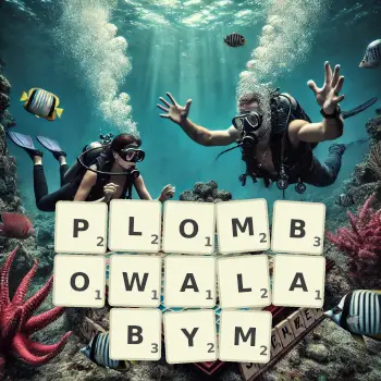 Kreatywna ilustracja do gry w Scrabble ze słowem PLOMBOWALABYM ułożonym z płytek na planszy.