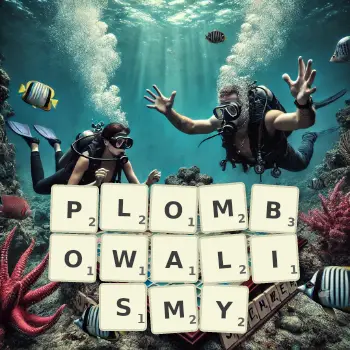 Kreatywna ilustracja do gry w Scrabble ze słowem PLOMBOWALISMY ułożonym z płytek na planszy.