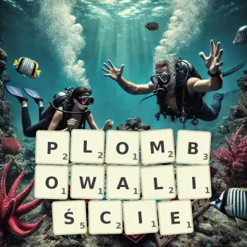 Kreatywna ilustracja do gry w Scrabble ze słowem PLOMBOWALIŚCIE ułożonym z płytek na planszy.