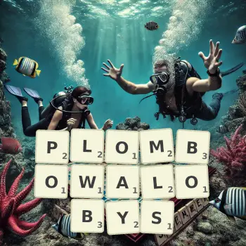Kreatywna ilustracja do gry w Scrabble ze słowem PLOMBOWALOBYS ułożonym z płytek na planszy.