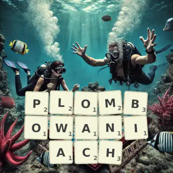 Kreatywna ilustracja do gry w Scrabble ze słowem PLOMBOWANIACH ułożonym z płytek na planszy.
