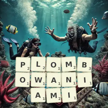 Kreatywna ilustracja do gry w Scrabble ze słowem PLOMBOWANIAMI ułożonym z płytek na planszy.