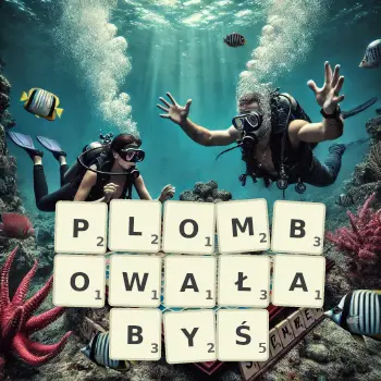 Kreatywna ilustracja do gry w Scrabble ze słowem PLOMBOWAŁABYŚ ułożonym z płytek na planszy.