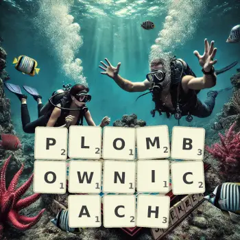 Kreatywna ilustracja do gry w Scrabble ze słowem PLOMBOWNICACH ułożonym z płytek na planszy.