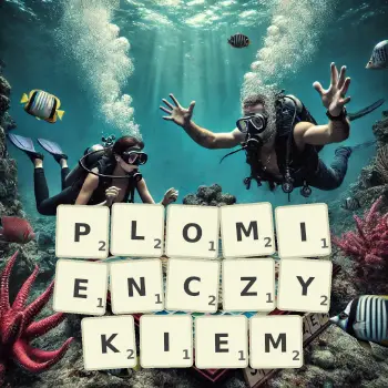 Kreatywna ilustracja do gry w Scrabble ze słowem PLOMIENCZYKIEM ułożonym z płytek na planszy.