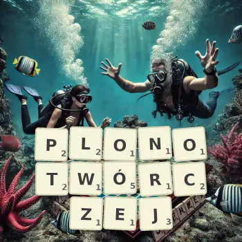 Kreatywna ilustracja do gry w Scrabble ze słowem PLONOTWÓRCZEJ ułożonym z płytek na planszy.