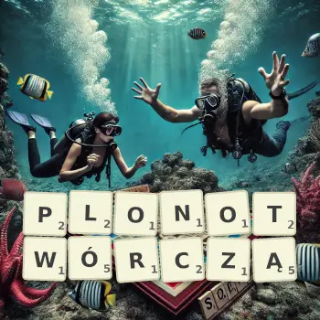 Kreatywna ilustracja do gry w Scrabble ze słowem PLONOTWÓRCZĄ ułożonym z płytek na planszy.