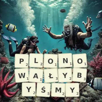 Kreatywna ilustracja do gry w Scrabble ze słowem PLONOWAŁYBYŚMY ułożonym z płytek na planszy.