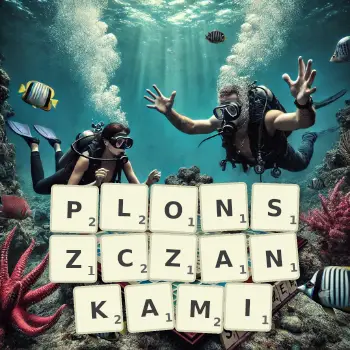 Kreatywna ilustracja do gry w Scrabble ze słowem PLONSZCZANKAMI ułożonym z płytek na planszy.