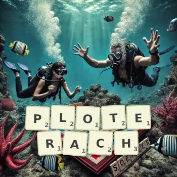 Kreatywna ilustracja do gry w Scrabble ze słowem PLOTERACH ułożonym z płytek na planszy.