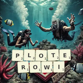 Kreatywna ilustracja do gry w Scrabble ze słowem PLOTEROWI ułożonym z płytek na planszy.