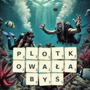 Kreatywna ilustracja do gry w Scrabble ze słowem PLOTKOWAŁABYŚ ułożonym z płytek na planszy.