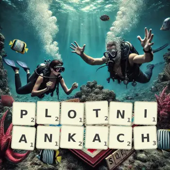 Kreatywna ilustracja do gry w Scrabble ze słowem PLOTNIANKACH ułożonym z płytek na planszy.