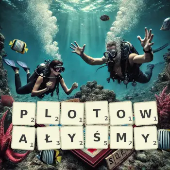 Kreatywna ilustracja do gry w Scrabble ze słowem PLOTOWAŁYŚMY ułożonym z płytek na planszy.