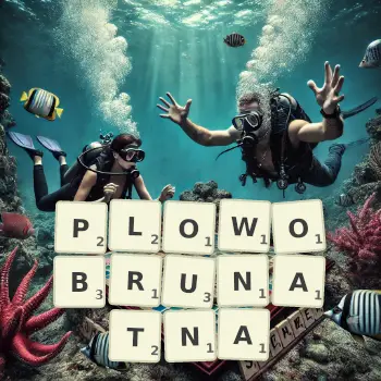 Kreatywna ilustracja do gry w Scrabble ze słowem PLOWOBRUNATNA ułożonym z płytek na planszy.