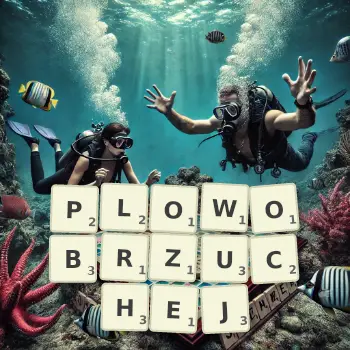 Kreatywna ilustracja do gry w Scrabble ze słowem PLOWOBRZUCHEJ ułożonym z płytek na planszy.