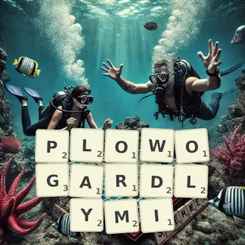 Kreatywna ilustracja do gry w Scrabble ze słowem PLOWOGARDLYMI ułożonym z płytek na planszy.