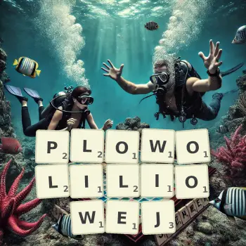Kreatywna ilustracja do gry w Scrabble ze słowem PLOWOLILIOWEJ ułożonym z płytek na planszy.
