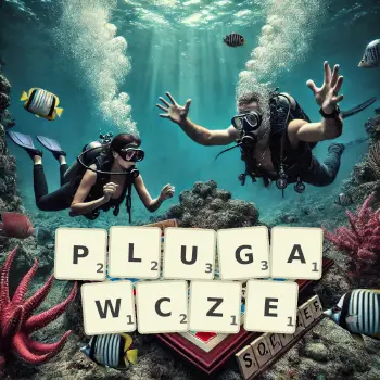 Kreatywna ilustracja do gry w Scrabble ze słowem PLUGAWCZE ułożonym z płytek na planszy.