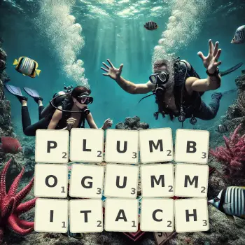 Kreatywna ilustracja do gry w Scrabble ze słowem PLUMBOGUMMITACH ułożonym z płytek na planszy.