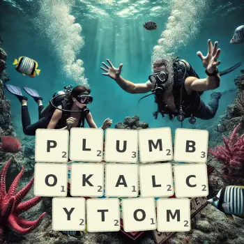 Kreatywna ilustracja do gry w Scrabble ze słowem PLUMBOKALCYTOM ułożonym z płytek na planszy.