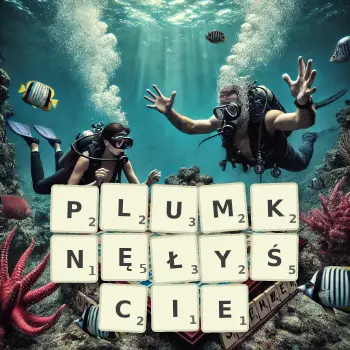 Kreatywna ilustracja do gry w Scrabble ze słowem PLUMKNĘŁYŚCIE ułożonym z płytek na planszy.